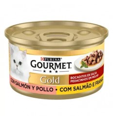 Purina Gourmet Gold Pedacinhos em Molho Salmão e Frango lata 85gr