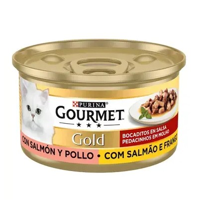 Purina Gourmet Gold Pedacinhos em Molho Salmão e Frango lata 85gr